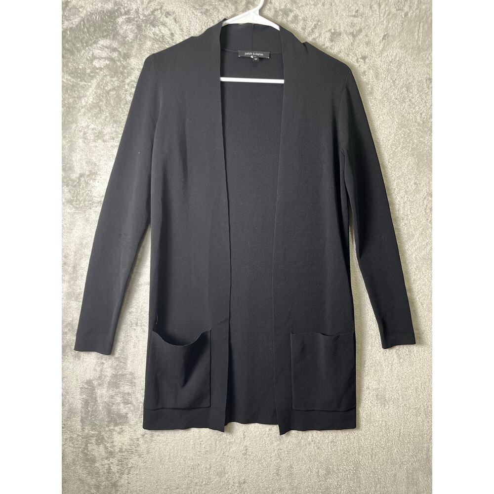 Judith & Charles Black Open Front Knit Cardigan Minimalist Pockets Office Career
